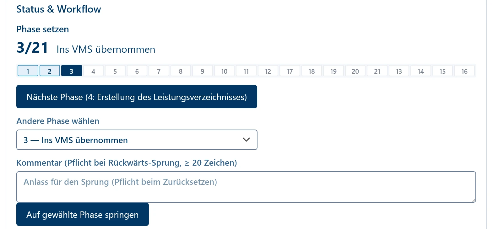 Ausschnitt der Aktionsansicht: Phasenwahl über einundzwanzig Phasen, aktuell Phase drei. Ein Sprung auf eine frühere Phase verlangt einen Pflichtkommentar von mindestens zwanzig Zeichen.