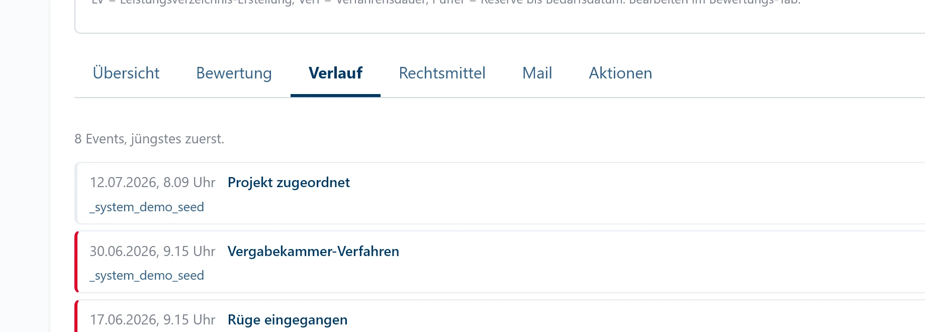 Ausschnitt des Vorgangsverlaufs mit acht Ereignissen, jüngstes zuerst: Projekt zugeordnet, Vergabekammer-Verfahren, Rüge eingegangen, ein Phasenwechsel von Begutachtet zu Ins VMS übernommen sowie eine gespeicherte Bewertung mit SHA-256-Prüfsumme.